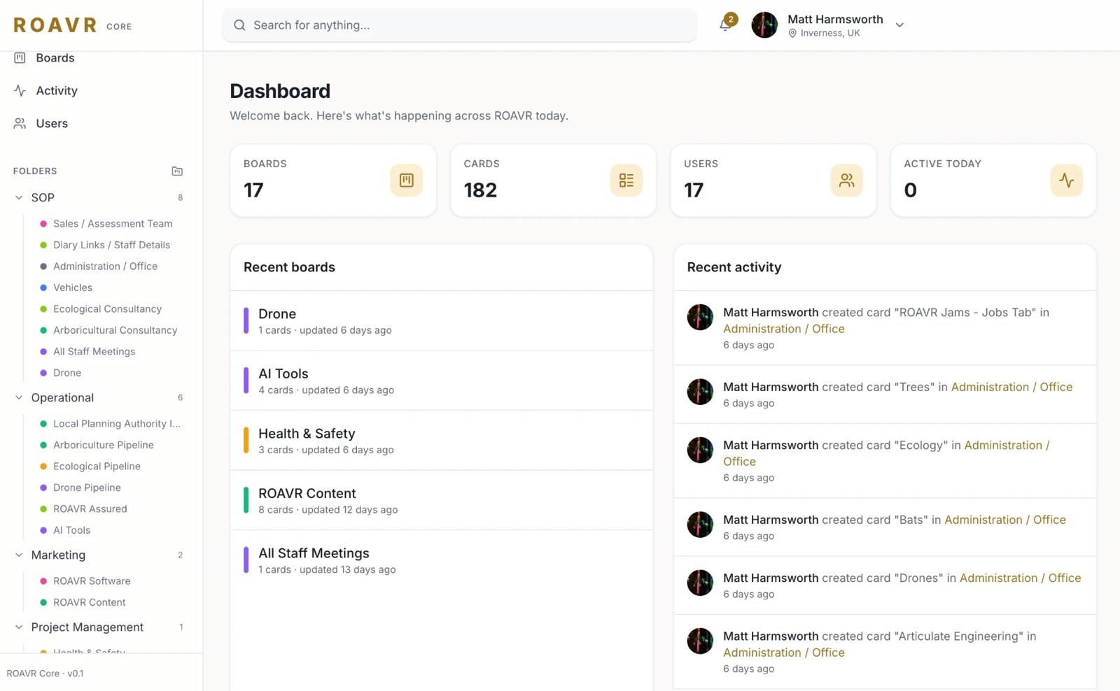 ROAVR Core dashboard showing boards, folders and recent activity