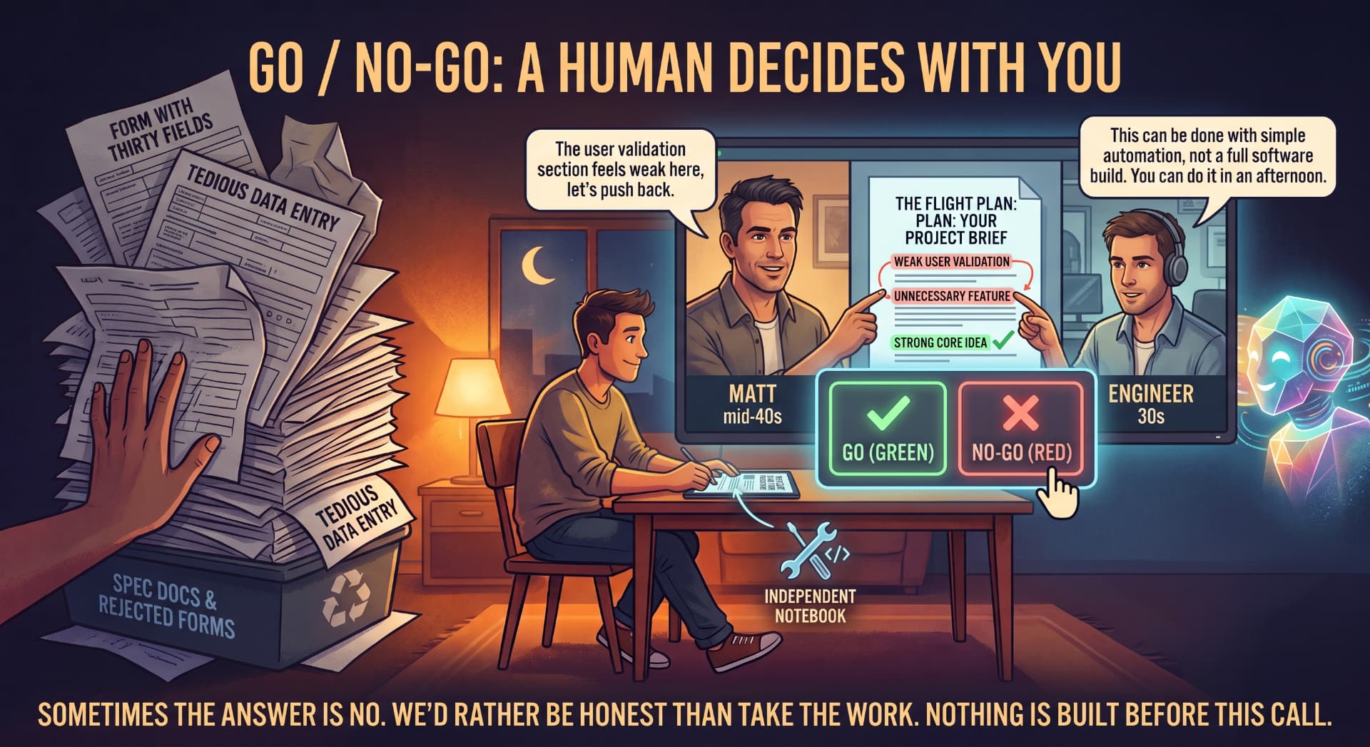 Go / no-go. A human decides with you.